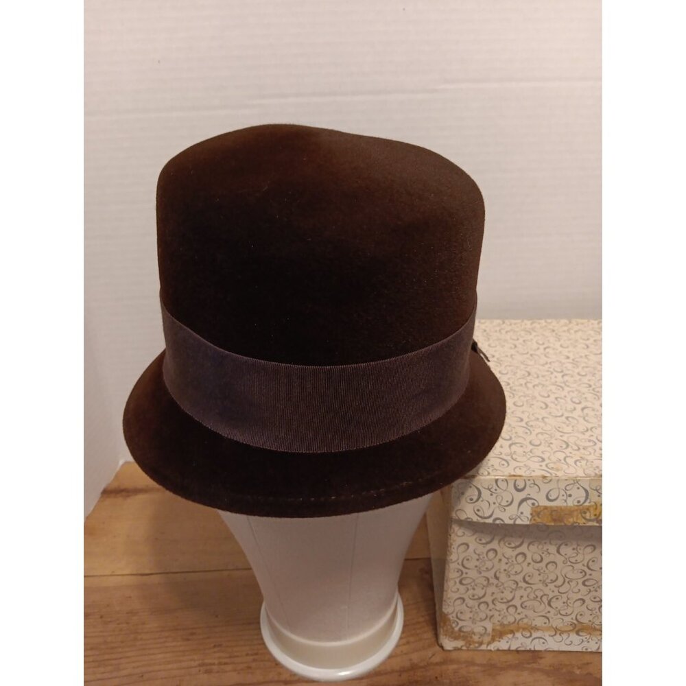 Vtg Cloche Genuine Velour Imported Fur Hat Brown Ribbon Union Made Chelsea Rooms - Picture 5 of 13